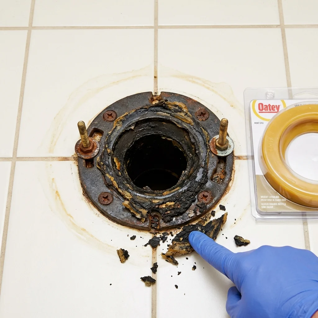 Failed wax ring showing water seepage at the base of a toilet in a Waterford, CT home