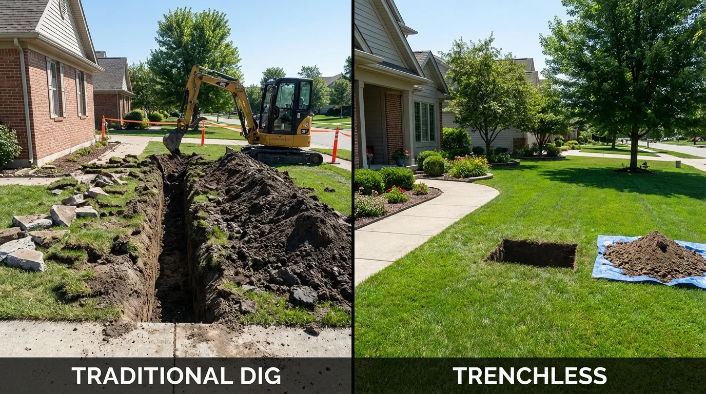 Trenchless sewer repair with minimal yard damage versus traditional excavation in Waterford, CT
