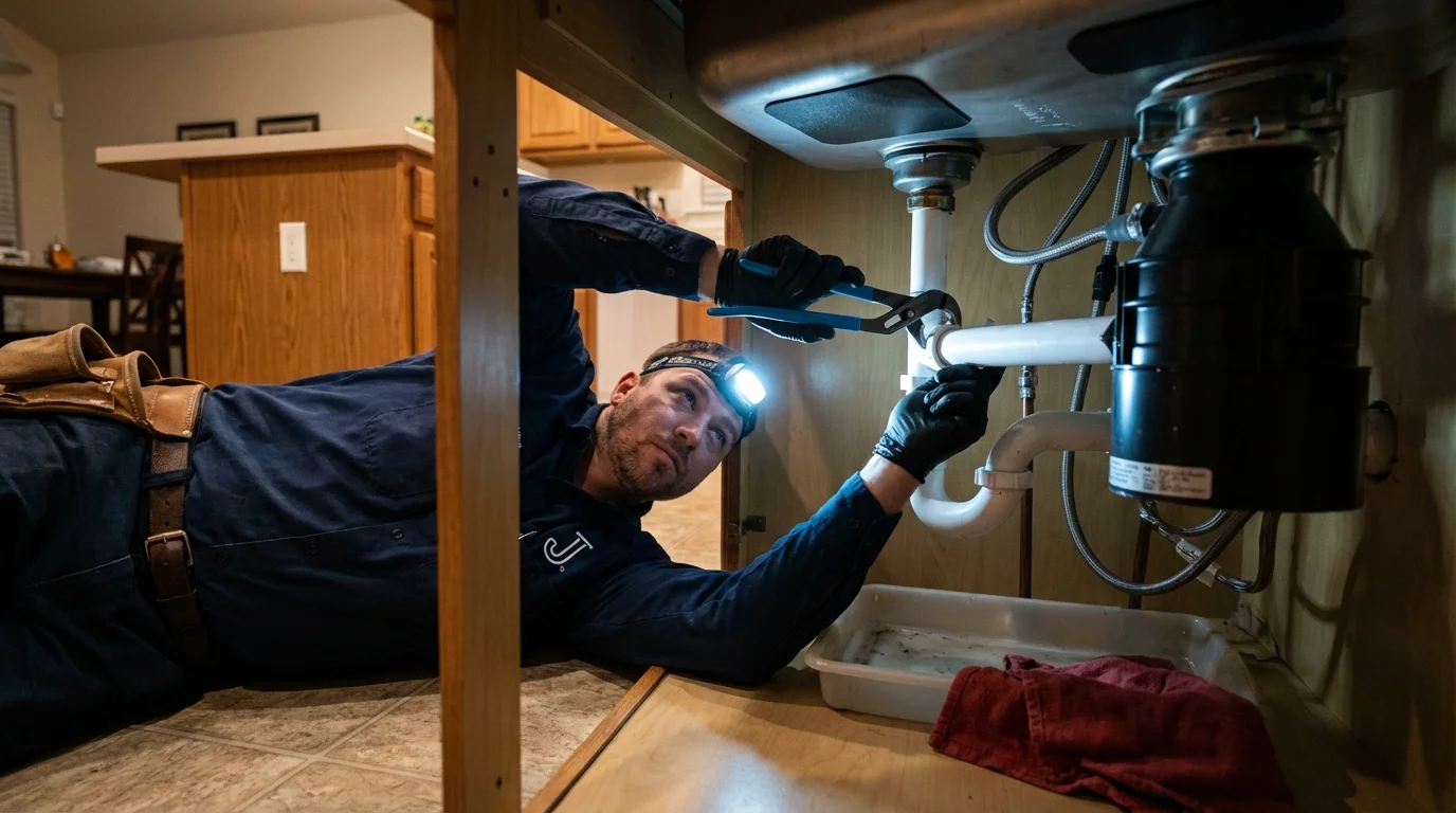 P-trap and supply line connections under a kitchen sink showing a common leak point in Waterford, CT